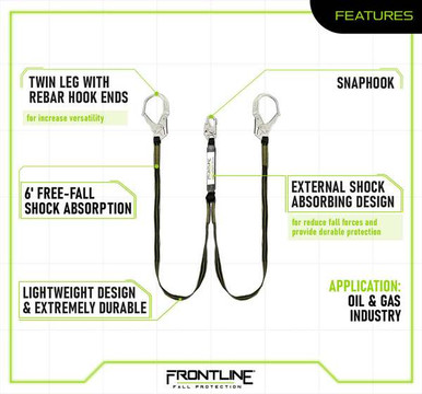 Frontline LIS62RDL Oil and Gas 6 ft Double Leg Lanyard with Rebar Hooks Frontline LIS62RDL oil and gas 6 ft twin leg derrick lanyard with rebar hooks, full product view