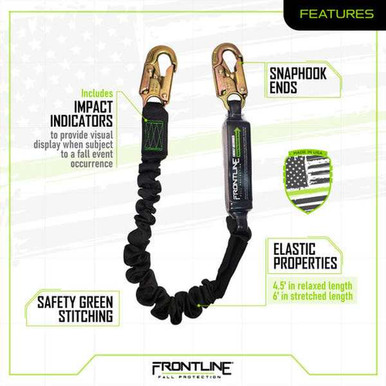Frontline LES61S-US Patriot 6 ft Single Leg Elastic Lanyard with Snaphooks, Made in USA Frontline LES61S-US Patriot 6 ft single leg elastic lanyard, made in USA, full product view
