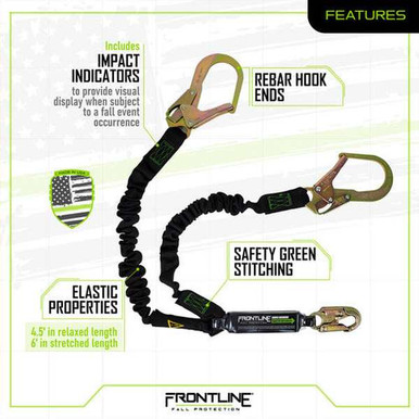 Frontline LES62R-US Patriot 6 ft twin leg elastic rebar lanyard, made in USA, full product view