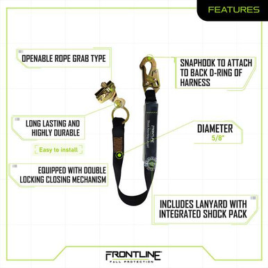Frontline RGSS58ES Self-Tracking Rope Grab 5/8 in with 3 ft Lanyard Frontline RGSS58ES self-tracking rope grab with 3 ft shock lanyard, full product view