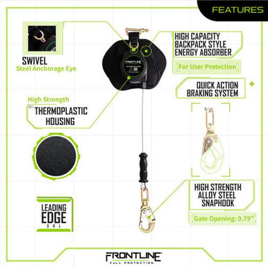 Frontline RPG081SLE Leading Edge Cable Single Leg 8 ft SRL with Steel Snap Hook End Frontline RPG081SLE leading edge cable single leg 8 ft SRL with snap hook, full product view