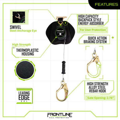 Frontline RPG081RLE Leading Edge Cable Single Leg 8 ft SRL with Steel Rebar Hook End Frontline RPG081RLE leading edge cable single leg 8 ft SRL with rebar hook, full product view
