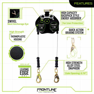 Frontline RPG082SLE Leading Edge Cable Twin Leg 8 ft SRL with Steel Snap Hook Ends Frontline RPG082SLE leading edge cable twin leg 8 ft SRL with snap hooks, full product view