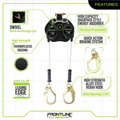 Frontline RPG082RLE leading edge cable twin leg 8 ft SRL with rebar hooks, full product view