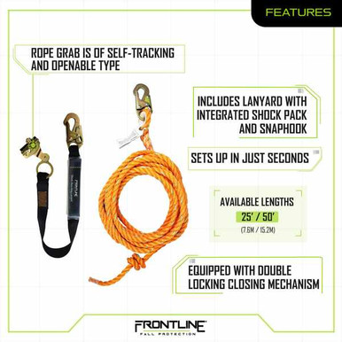 Frontline VLP+RGSS58ES vertical lifeline with openable self-tracking rope grab, full product view