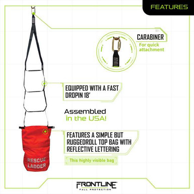 Frontline RLA18 Rescue 18 ft Ladder Kit Frontline RLA18 Rescue 18 ft drop-in ladder kit with reflective roll-top bag, full product view
