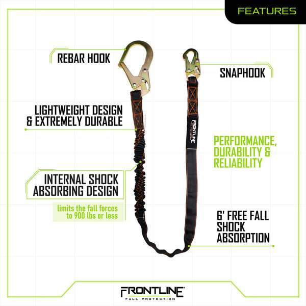 Frontline LIS61R Combat 6 ft Single Leg Rebar Hook End Lanyard with Internal Shock Absorber Frontline LIS61R Combat 6 ft single leg rebar hook lanyard with internal shock absorber, full product view