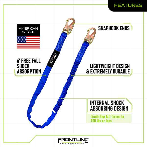 Frontline LIS61S-AM Combat American Style Single Leg 6 ft Snaphook Lanyard with Internal Shock Absorber Frontline LIS61S-AM Combat American Style 6 ft single leg snaphook lanyard, full product view