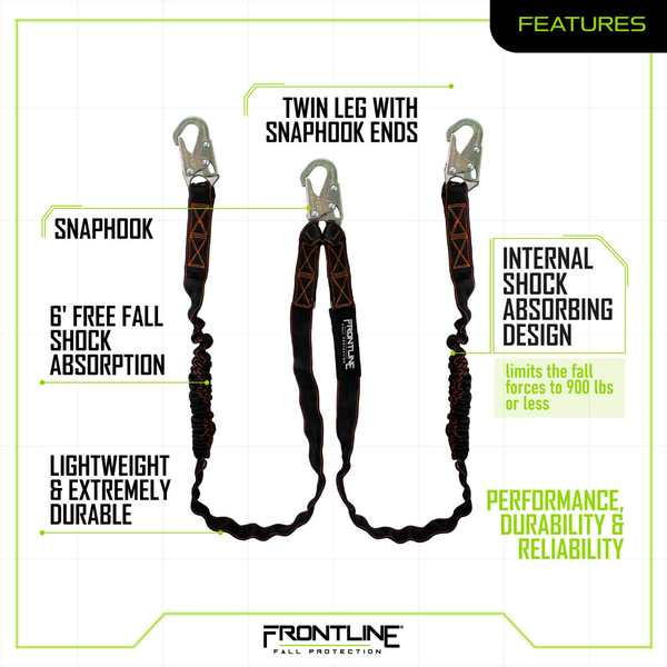 Frontline LIS62S Combat 6 ft Double Leg Snaphook Lanyard with Internal Shock Absorber Frontline LIS62S Combat 6 ft twin leg snaphook lanyard with internal shock absorber, full product view