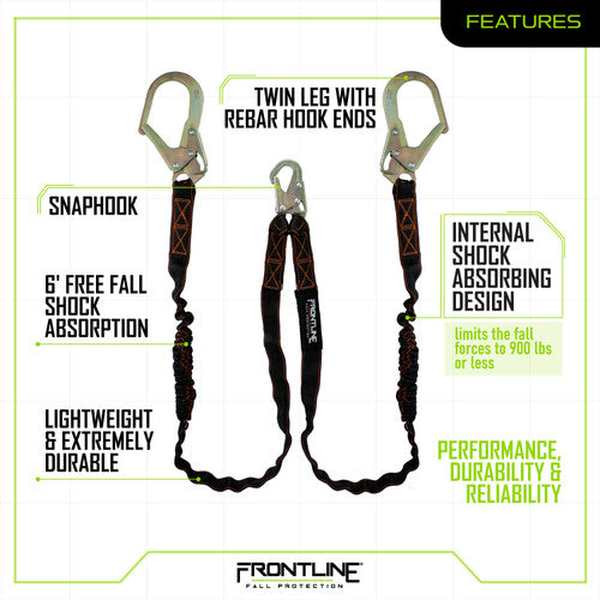 Frontline LIS62R Combat Twin Leg 6 ft Rebar Hook Lanyard with Internal Shock Absorber Frontline LIS62R Combat 6 ft twin leg rebar hook lanyard with internal shock absorber, full product view