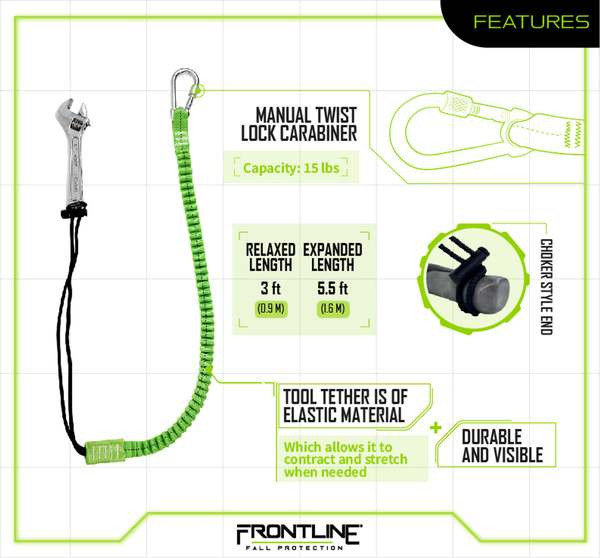 Frontline TLS15 ToolGrip Elastic Tool Tether 15 lbs with Steel Turn Lock Carabiner Frontline TLS15 ToolGrip 15 lb elastic tool tether with steel turn lock carabiner, full product view