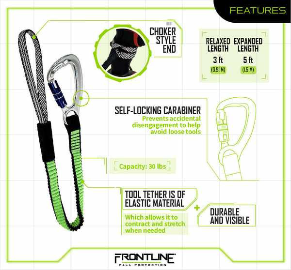 Frontline TLS30 ToolGrip Elastic Tool Tether 30 lbs with Self-Locking Aluminum Carabiner Frontline TLS30 ToolGrip 30 lb elastic tool tether with self-locking aluminum carabiner, full product view