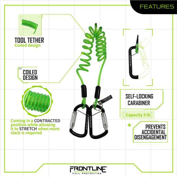 Frontline TLC05 ToolGrip Coil Tool Tether 5 lbs with Double Self-Locking Aluminum Carabiners Frontline TLC05 ToolGrip 5 lb coil tool tether with twin locking aluminum carabiners, full product view