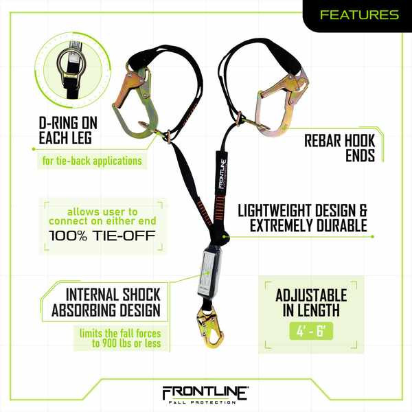 Frontline LPO62RADJ Combat 6 ft Tie-Back Double Leg Shock Absorbing Lanyard with Rebar Hooks Frontline LPO62RADJ Combat tie-back twin leg lanyard with rebar hooks, full product view