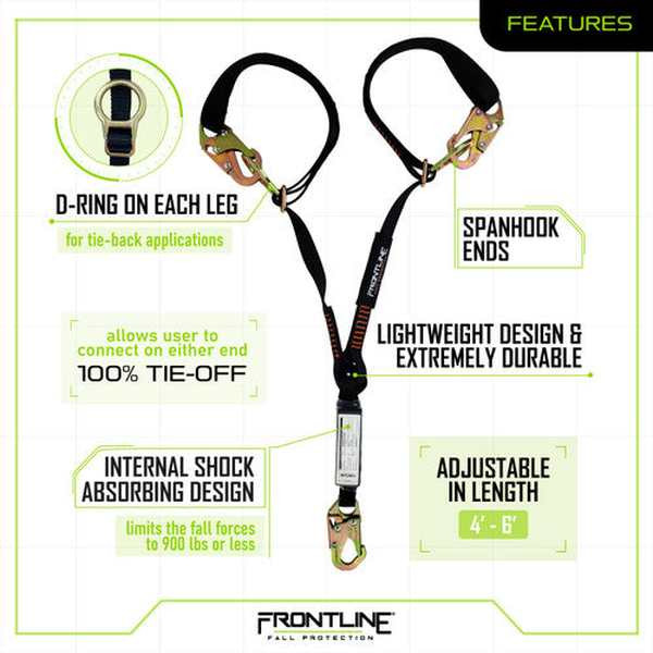 Frontline LPO62SADJ Combat 6 ft Tie-Back Double Leg Shock Absorbing Lanyard with Snaphooks Frontline LPO62SADJ Combat tie-back twin leg lanyard with snaphooks, full product view