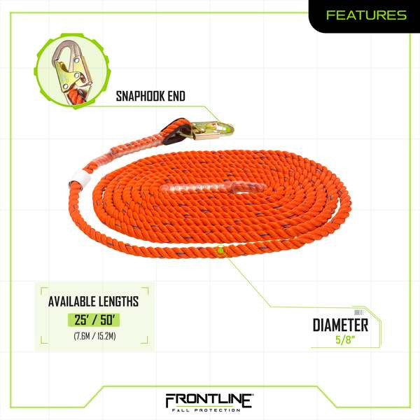 Frontline VLP25 premium vertical lifeline 25 ft, 5/8 in polysteel rope with steel snaphook, full product view