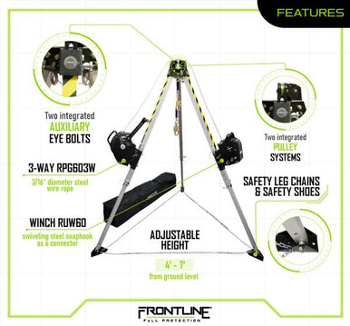 Frontline TAN07RURP MEGApod Confined Space 7 ft Aluminum Tripod with 60 ft Winch and 3-Way SRL Frontline TAN07RURP