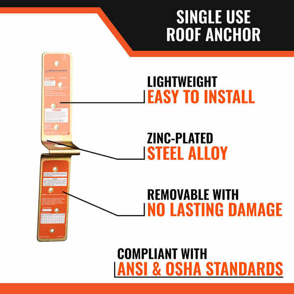 Malta Dynamics A6318 single-use roof anchor features: flexible pitch design, 8 included 16d nails, 5,000 lb breaking strength, ANSI Z359.18 and OSHA compliant