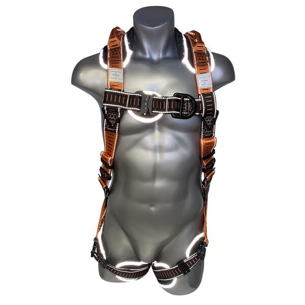 Malta Dynamics Razorback Elite Sternal D-Ring Harness highlighting front, back, and side D-Rings, reflective padding, rescue handles, and ANSI and OSHA compliance