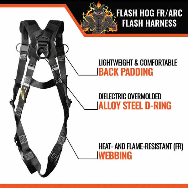 Malta Dynamics Flash Hog Harness Features Malta Dynamics Flash Hog harness features: lightweight back padding, dielectric overmolded alloy steel sternal D-ring, and heat- and flame-resistant FR webbing