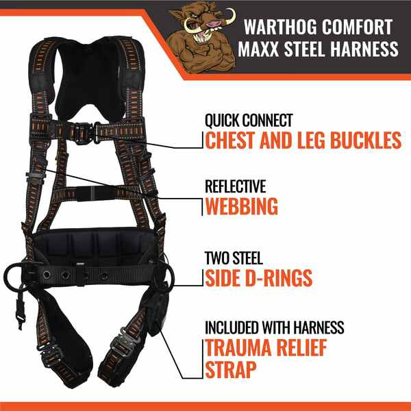 Malta Dynamics Warthog Comfort Maxx Steel Harness Features Malta Dynamics Warthog Comfort Maxx Steel harness features: quick-connect chest and leg buckles, reflective webbing, two steel side D-rings, and included trauma relief strap