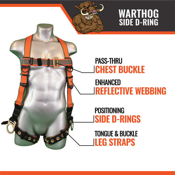 Malta Dynamics Warthog Side D-Ring Harness Features Malta Dynamics Warthog Side D-Ring Harness features: positioning side D-rings, reflective webbing, pass-thru chest buckle, tongue-and-buckle legs, 130-310 lb capacity