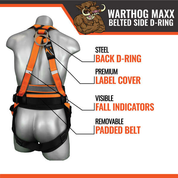 Malta Dynamics Warthog Maxx Belted Side D-Ring Harness Features Malta Dynamics Warthog Maxx harness features: back and side D-rings, padded removable waist belt, quick disconnect chest buckle, tongue-and-buckle legs, and fall indicator
