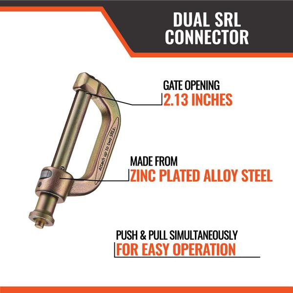 Malta Dynamics C1004 Dual SRL Connector Features Malta Dynamics C1004 dual SRL connector features callout: 2.13 inch gate opening, dual bracket for two SRLs, red lock indicator, 5,000 lb breaking strength, ANSI and OSHA compliant