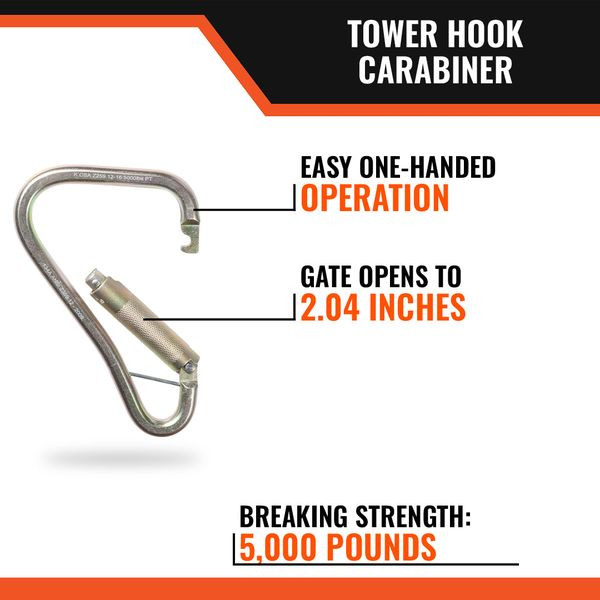 Malta Dynamics C1002 Tower Hook Carabiner Features Malta Dynamics C1002 tower hook carabiner features callout: wide 1.97 inch gate opening, 3,600 lb gate, 5,000 lb breaking strength, self-locking, ANSI and OSHA compliant