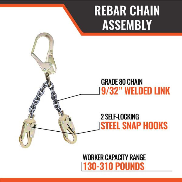 Malta Dynamics C7900 rebar chain assembly features callout: swivel rebar hook, 24 inch Grade 80 welded chain, self-locking snap hooks, ANSI Z359.3 work positioning
