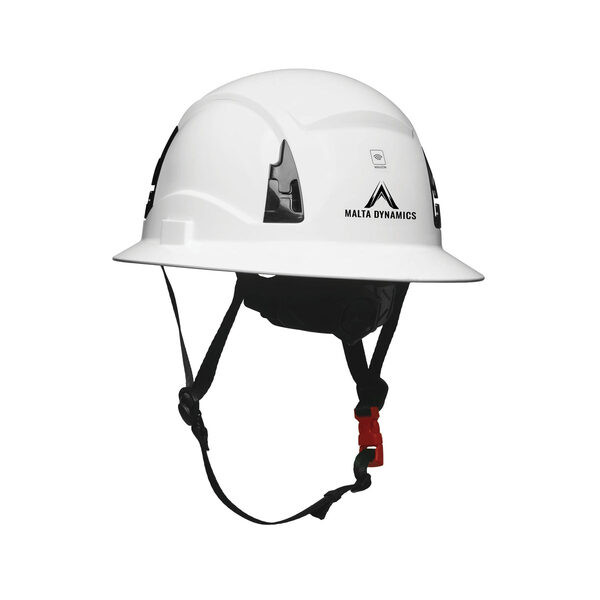 Malta Dynamics APEX Type 2 Class E full brim safety helmet rated to 20,000 volts with ratchet suspension, 4-point chin strap, and WaveOn technology