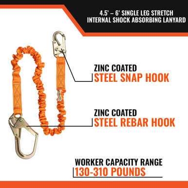 Malta Dynamics C5115 single-leg stretch shock-absorbing lanyard with one rebar hook and one steel snap hook, 900 lb maximum arresting force, ANSI Z359.13 compliant