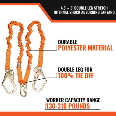 Malta Dynamics C5117 double-leg stretch shock-absorbing lanyard with two rebar hooks and one steel snap hook for 100 percent tie-off, 900 lb maximum arresting force, ANSI Z359.13 compliant