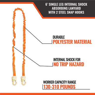 Malta Dynamics C5004 6 ft single-leg internal shock-absorbing lanyard Malta Dynamics C5004 6 ft single-leg internal shock-absorbing lanyard with two steel snap hooks, 900 lb maximum arresting force, ANSI Z359.13 compliant