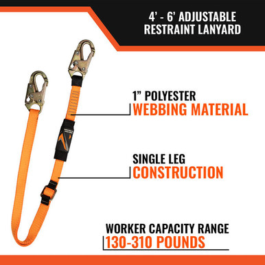 Malta Dynamics C5200 adjustable 4 to 6 ft restraint and positioning la Malta Dynamics C5200 adjustable 4 to 6 ft restraint and positioning lanyard with two steel snap hooks, 9,800 lb webbing, ANSI Z359.3 and OSHA compliant