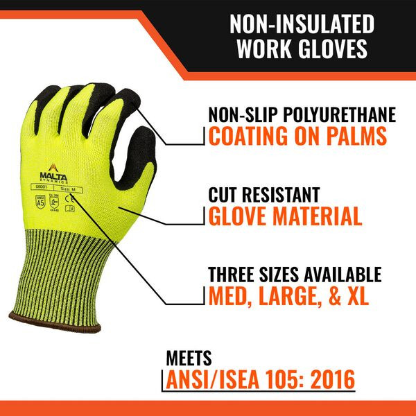 Malta Dynamics Cut Level A5 work gloves features: non-slip polyurethane palm coating, cut-resistant 13-gauge knit shell, three sizes, ANSI/ISEA 105 A5 rated