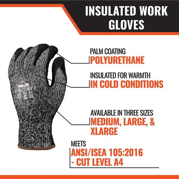 Malta Dynamics Insulated Cut Level A4 work gloves features: polyurethane palm coating, insulated for cold, three sizes, ANSI/ISEA 105 A4 rated