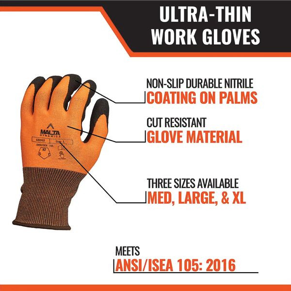 Malta Dynamics Ultra-Thin Cut Level A2 work gloves features: non-slip nitrile palm coating, cut-resistant material, three sizes, ANSI/ISEA 105 A2 rated