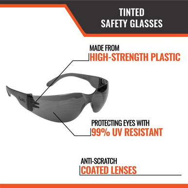 Malta Dynamics SG1112 tinted safety glasses features: high-strength plastic, 99 percent UV, anti-scratch lenses