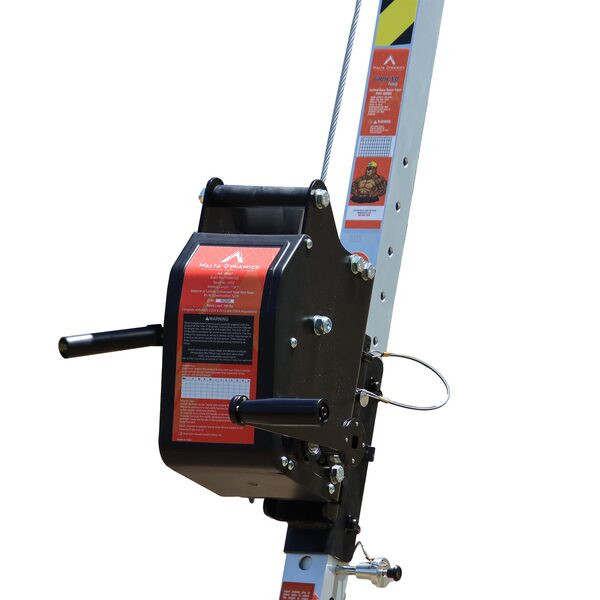 Malta Dynamics 115 ft confined space personnel and material winch with galvanized steel cable, mounted to a rescue tripod