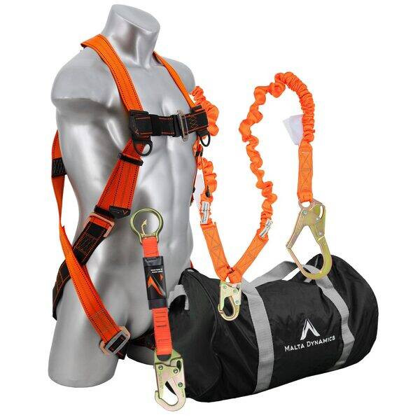 Malta Dynamics Warthog Pass Thru fall protection kit with full body harness, shock-absorbing lanyard, and equipment duffle bag