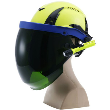 Malta Dynamics HTV0004 Shade 5 green toric face shield window for gas cutting and welding, deployed on an APEX safety helmet
