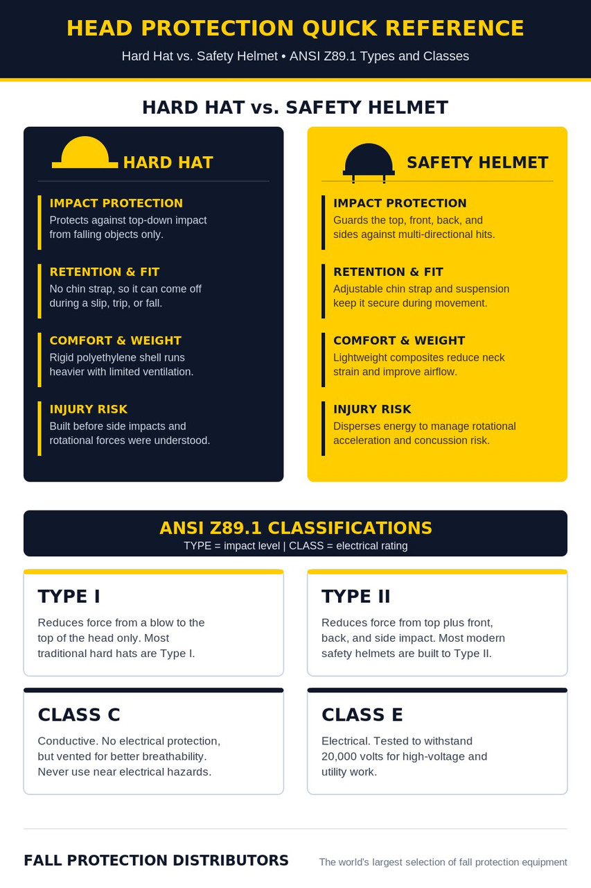 Hard hat vs safety helmet quick reference and ANSI Z89.1 Type I, Type II, Class C, and Class E head protection classification guide