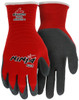 N9680_ - N9680L - 3428 - Pair of 15‑gauge red nylon gloves with gray latex‑coated palms and fingertips, offering strong grip, comfort, and a secure fit