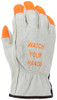 3413HVI_ - 3413HVIS - 30964 - High visibility work gloves back view – Watch Your Hands® logo with orange accents and keystone thumb design for visibility and safety reminders