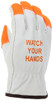 3215HVI_ - 3215HVIL - 30706 - High visibility work gloves back view – Watch Your Hands® logo with orange accents promotes safety awareness during industrial tasks