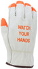 3215PI_ - 3215PIL - 30734 - High visibility work gloves back view – Watch Your Hands® logo with orange accents promotes safety awareness during industrial tasks