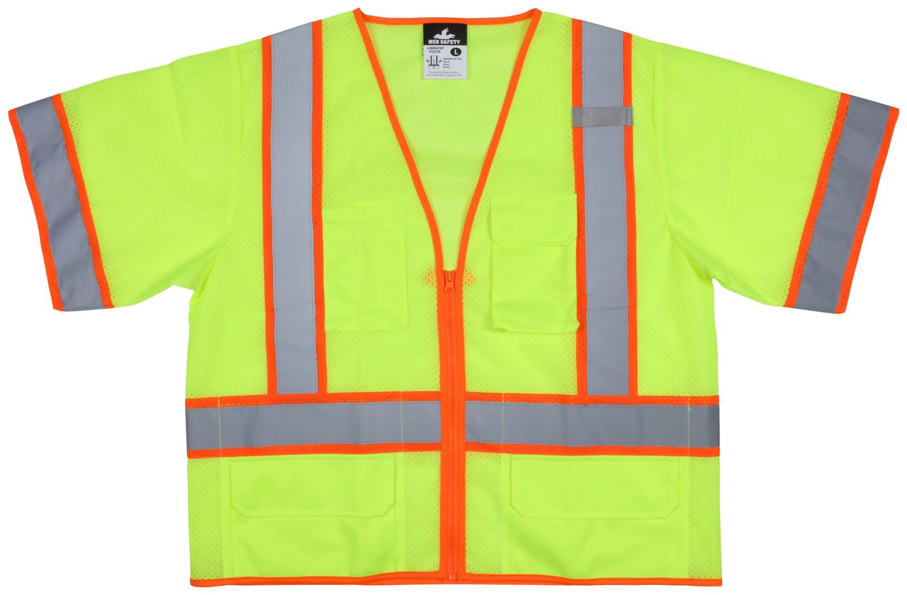 V3210 - Class 3 Safety Vest Fluorescent Lime Zipper Front