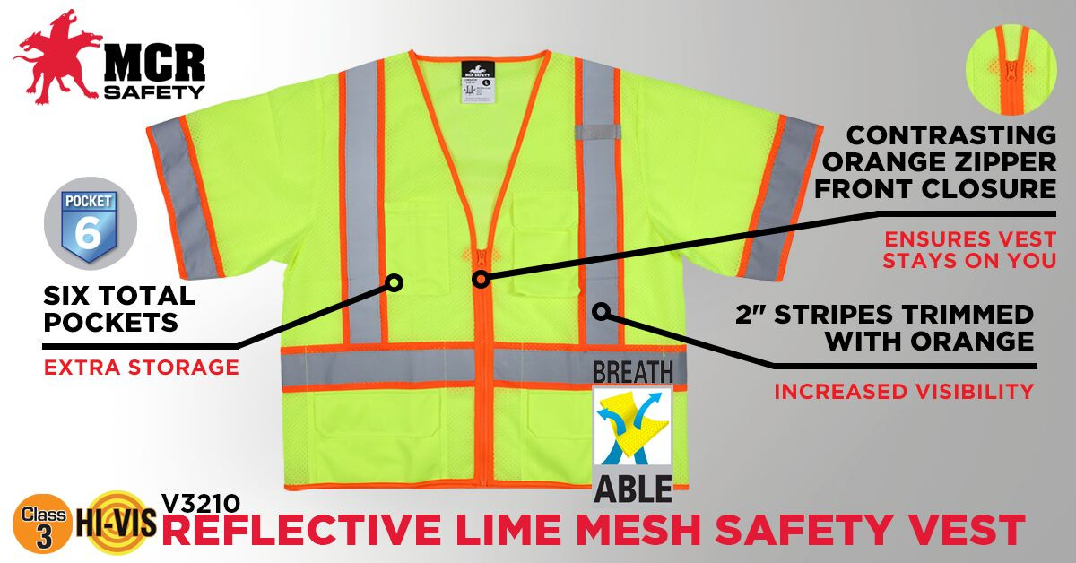 V3210 - Class 3 Safety Vest Fluorescent Lime Zipper Front