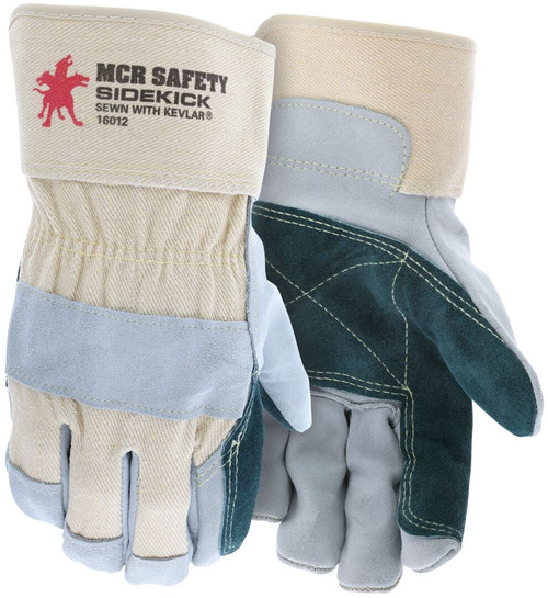 16012_ - 16012L - 122327 - Double leather palm industrial gloves pair – MCR Safety Group 16012 with premium split side leather, Kevlar® sewn seams, and 2.5-inch rubberized cuff